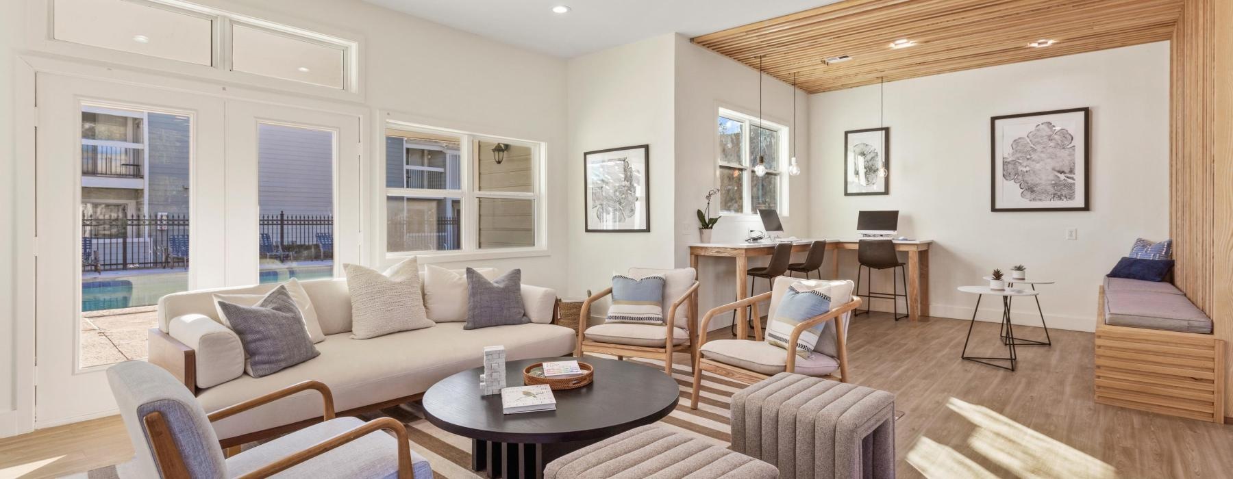 a spacious room with a large window